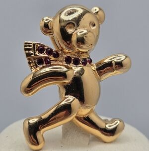 Teddy Bear Brooch Gold Tone Red Gemstone Scarf Pin
